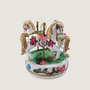 Vintage Crowning Touch Carousel Horses Porcelain Music Box Blue Box Japan
